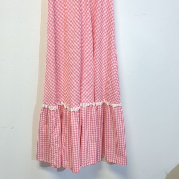 Vintage 1970s Pink White Gingham Ruffled Prairie Maxi Dress, Size XS - Picture 3 of 16